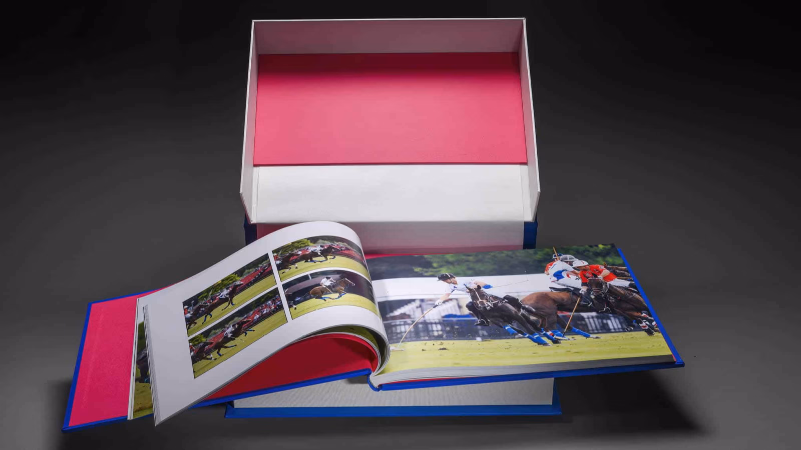 Polo photo book open beside its pink-lined presentation box