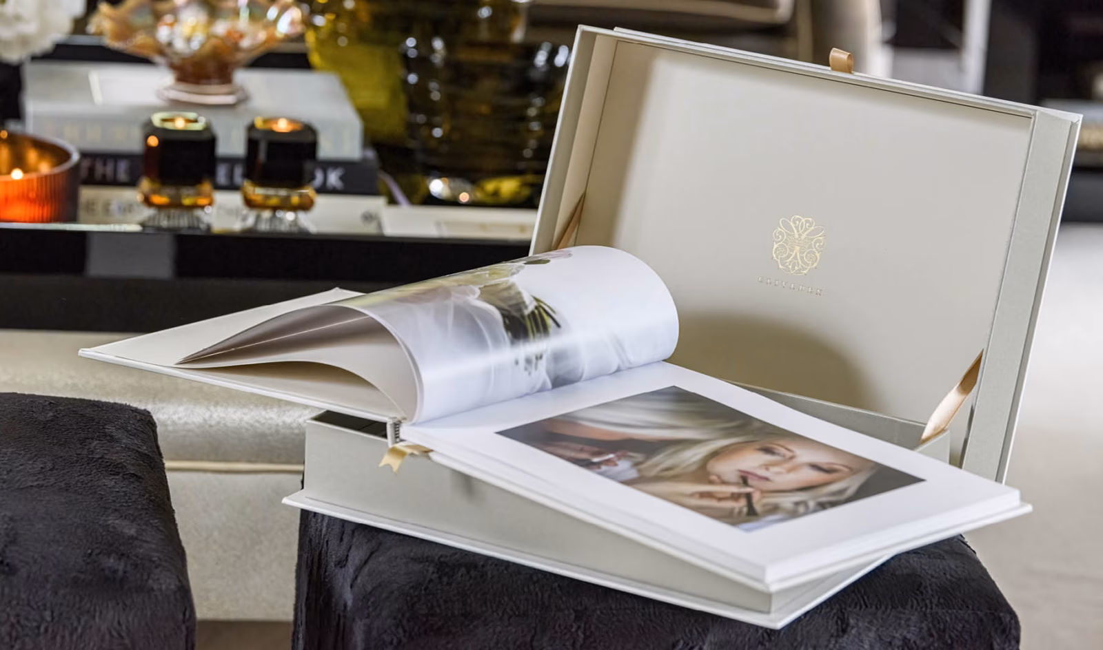 Luxury wedding album displayed in a white presentation box