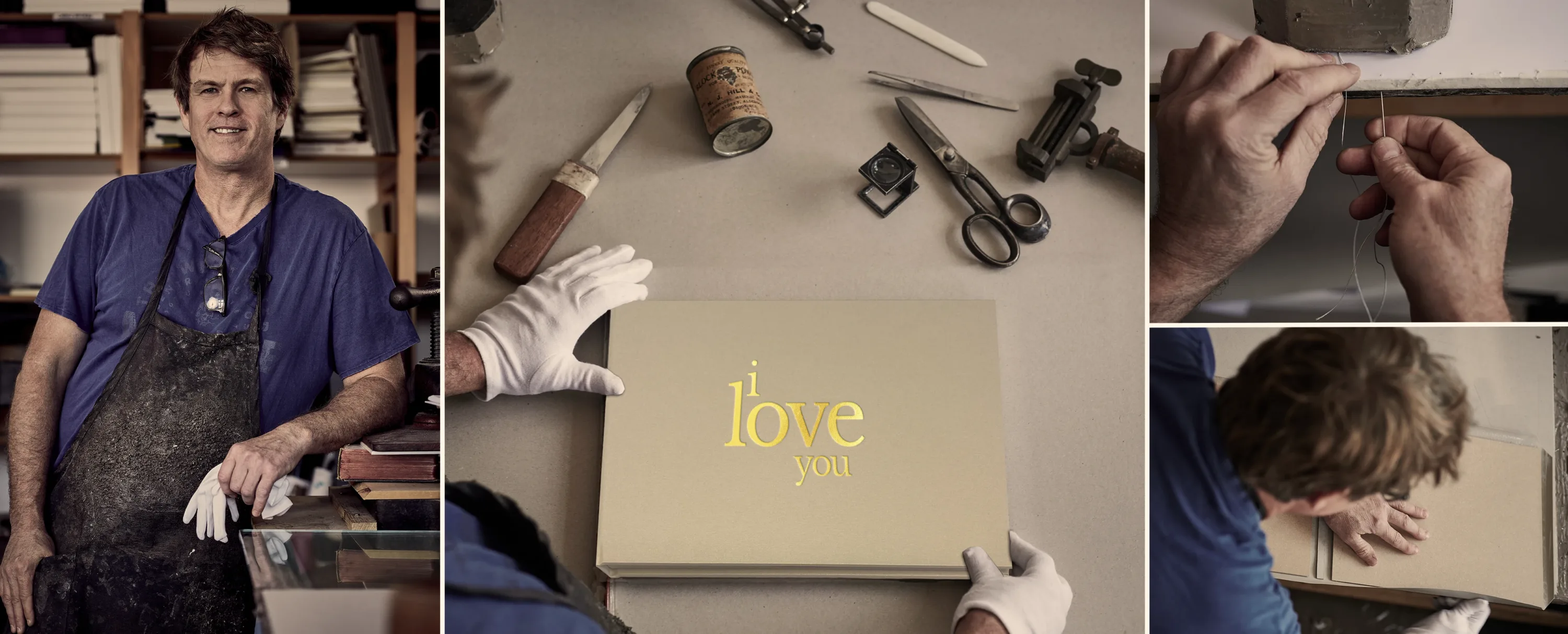 Bookbinding tools, materials and handwork behind a Booked Images book