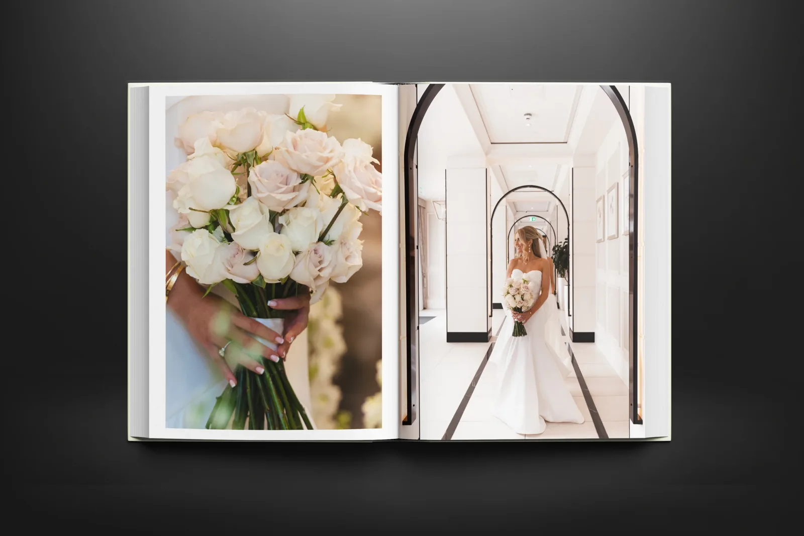 Lay-flat wedding album open to a bride and bouquet spread