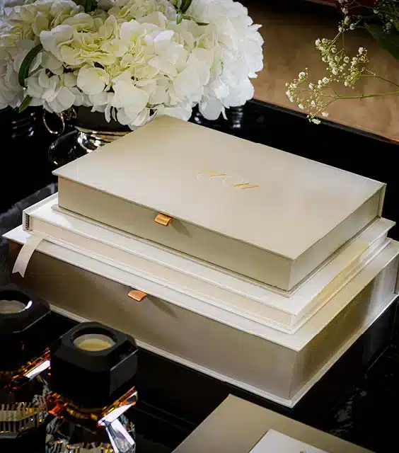 A finished wedding album with a personalised cover