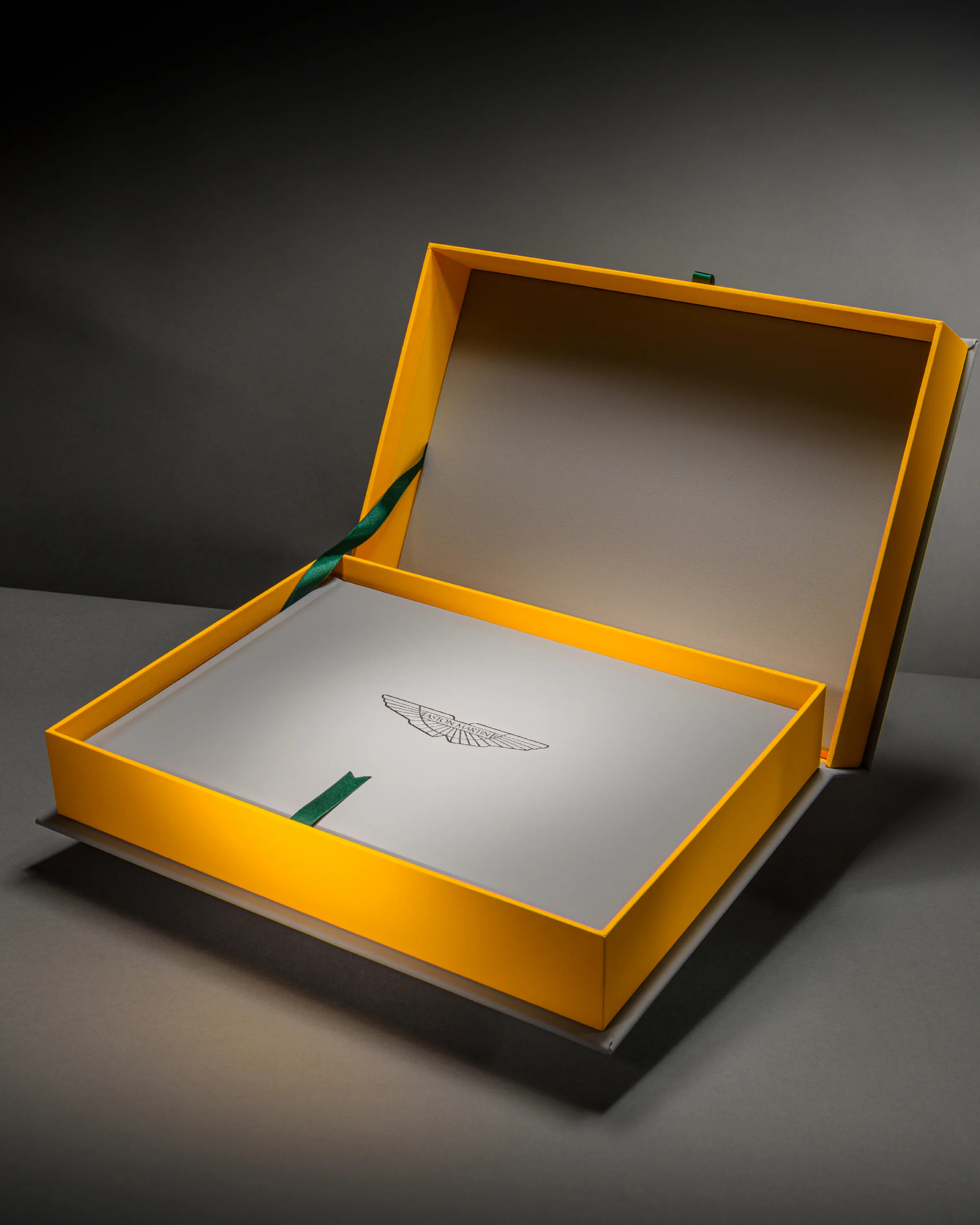 Aston Martin book displayed inside an open silver and gold presentation box