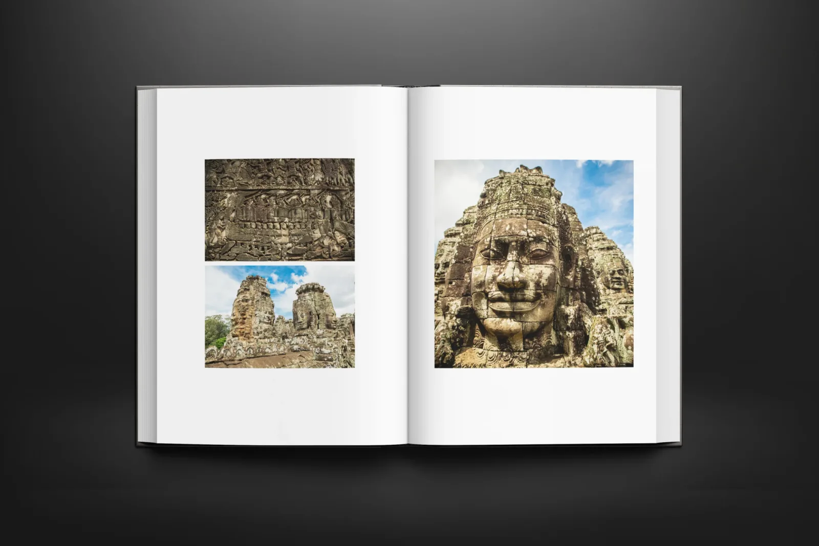 Open travel photo book showing photographs of Japanese temples and a Buddha statue