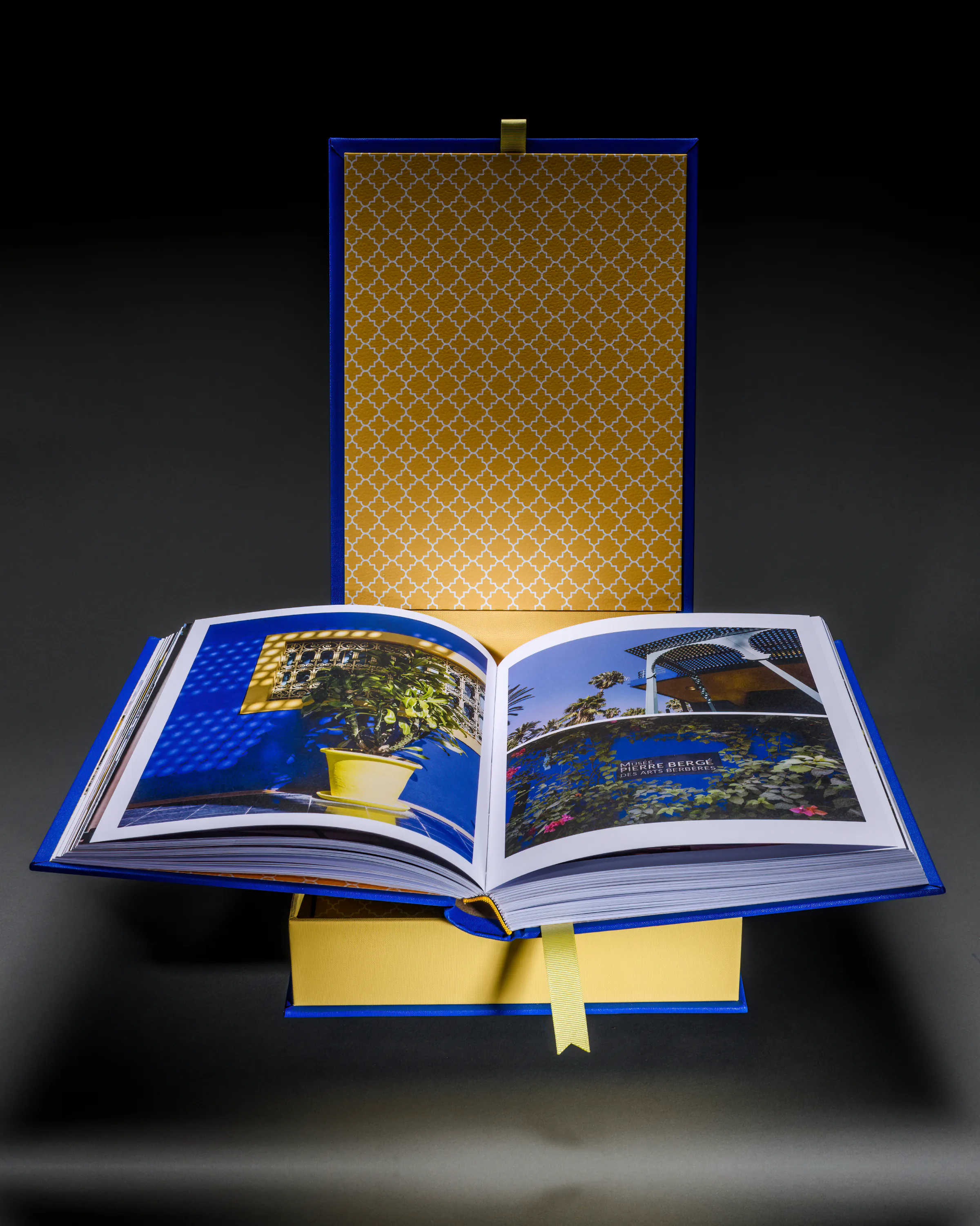 Travel photo book opened to landscape photographs on a blue and yellow presentation box