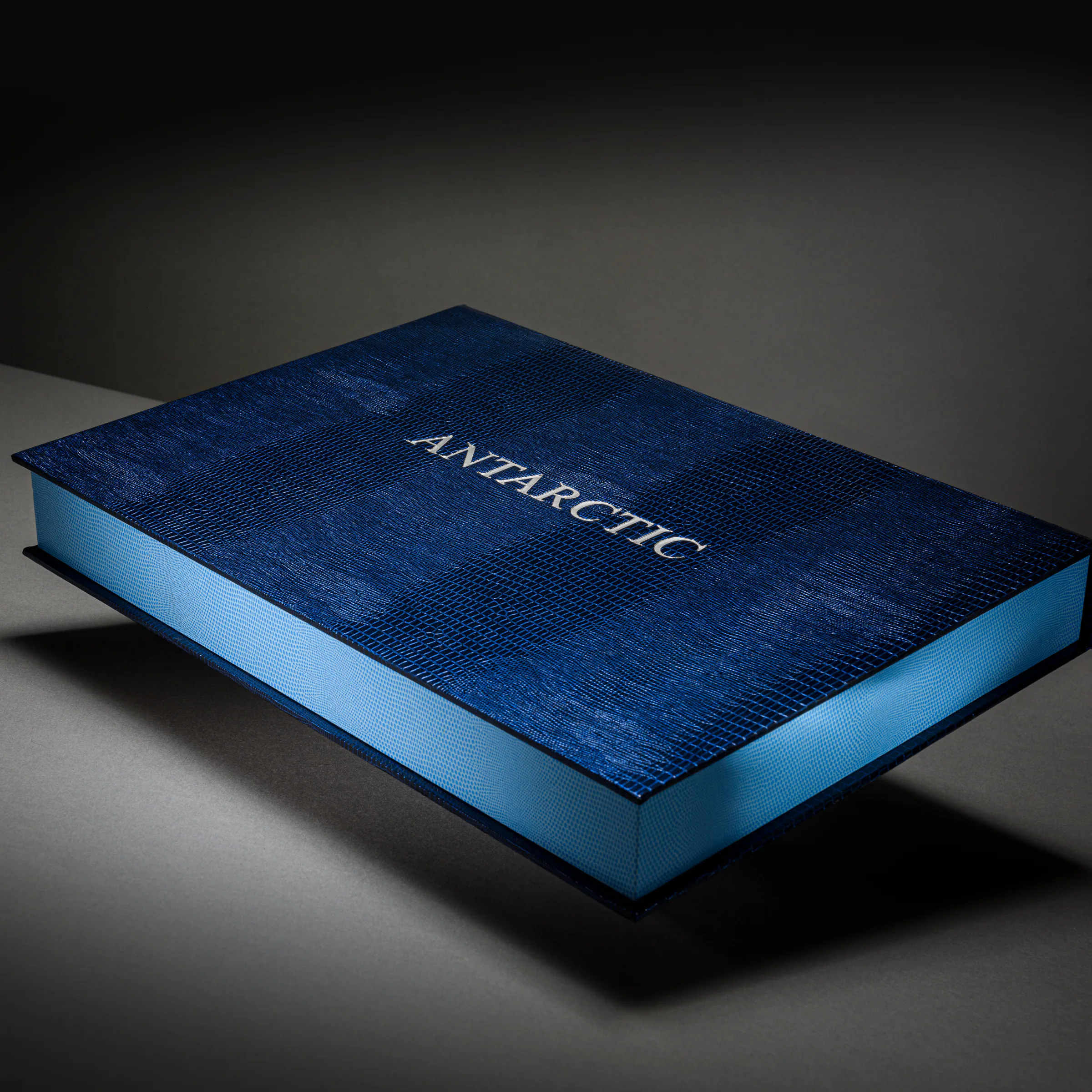 Blue cloth-bound Antarctic travel book with a sculpted cover title