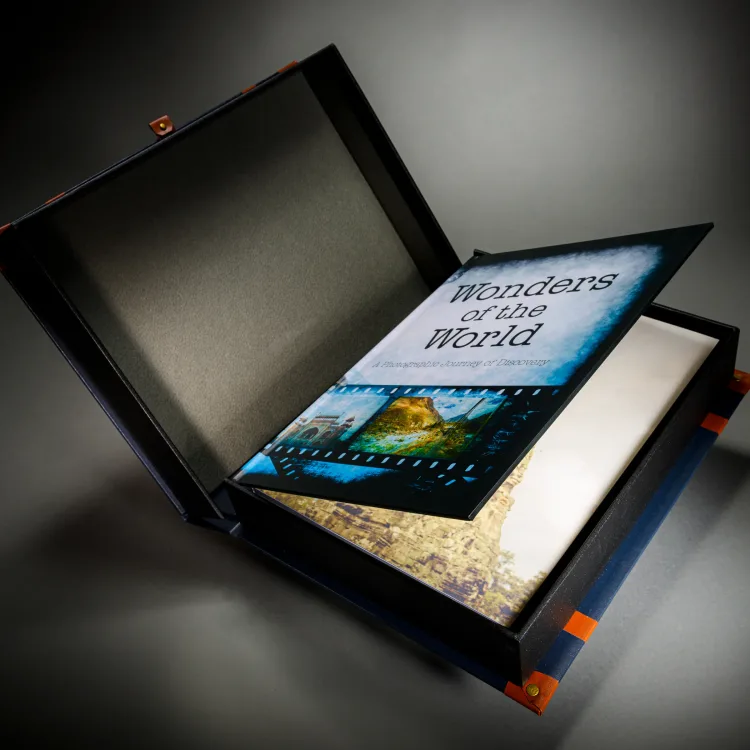 Wonders of the World travel book displayed inside a bespoke black presentation box