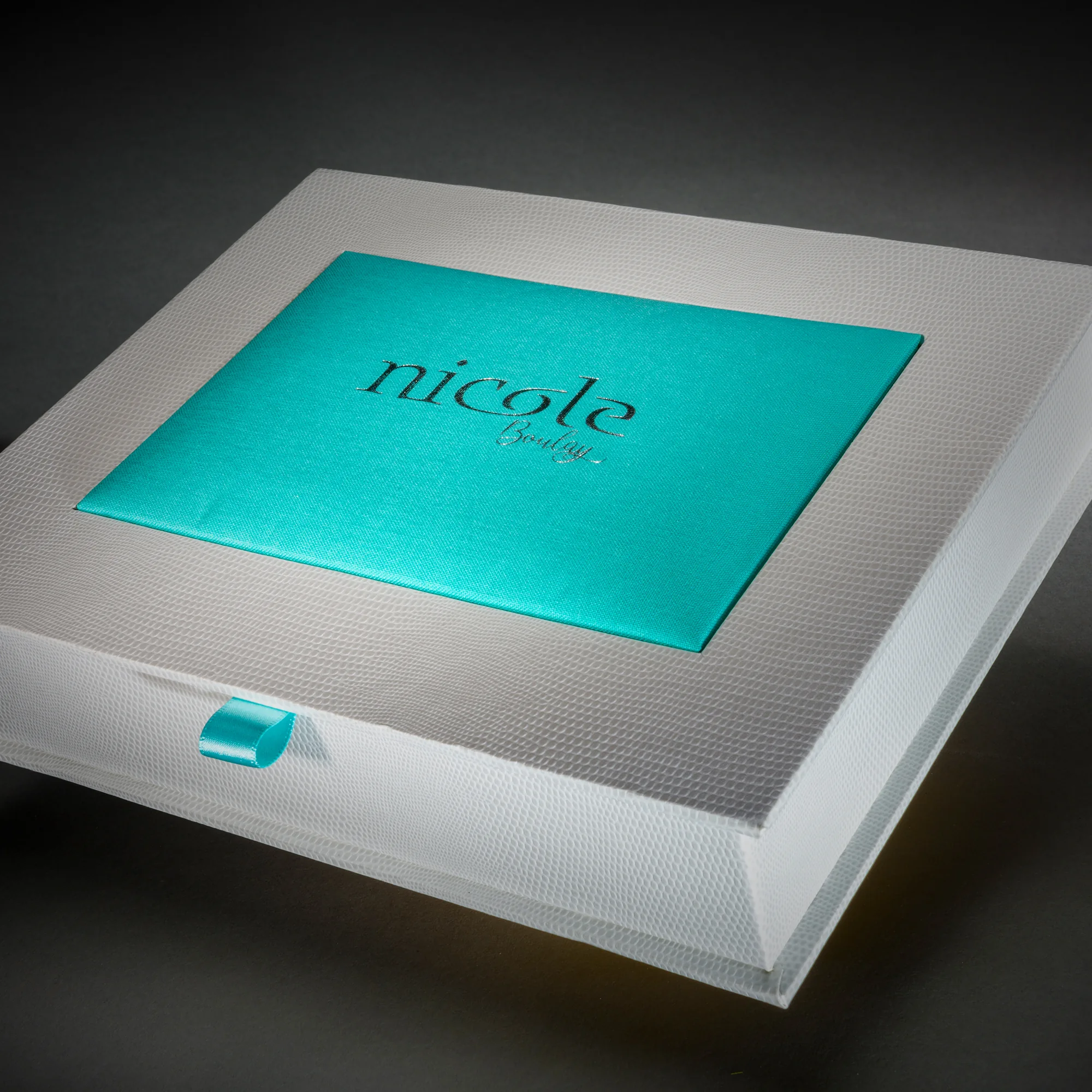 Turquoise personalised family history book with its matching presentation box