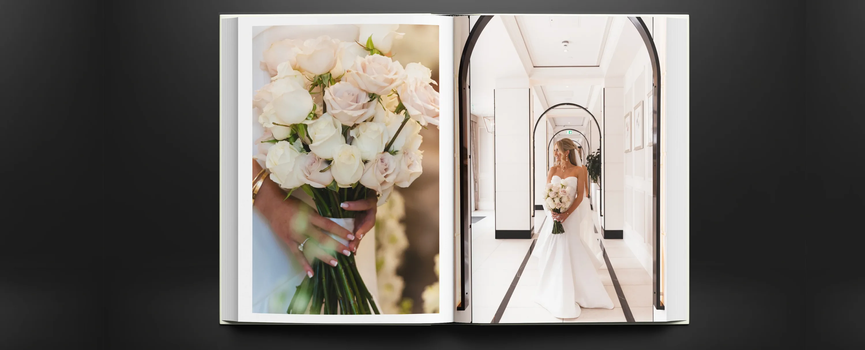 Open wedding photo book showing a bride holding a bouquet in a hotel corridor