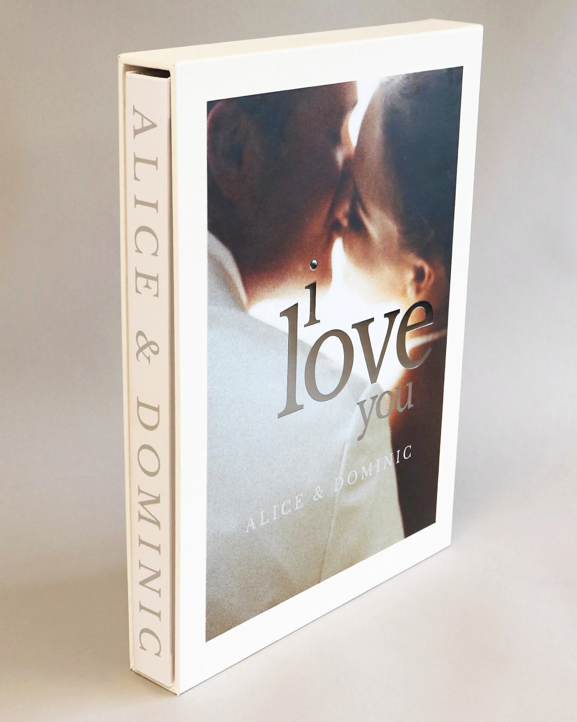 Personalised wedding photo book titled I love you with a bridal portrait on the cover