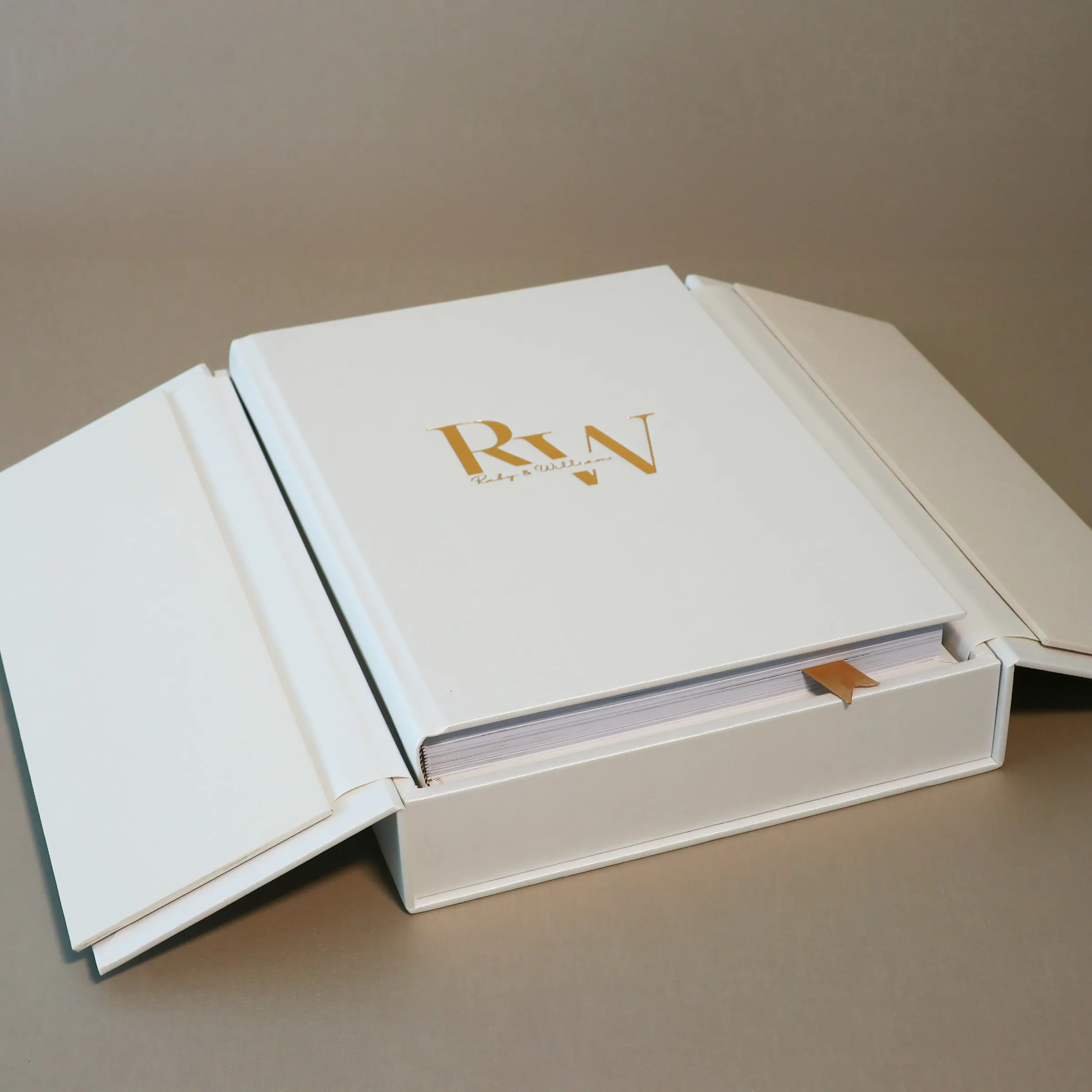 White R and W wedding album resting in a coordinated presentation box