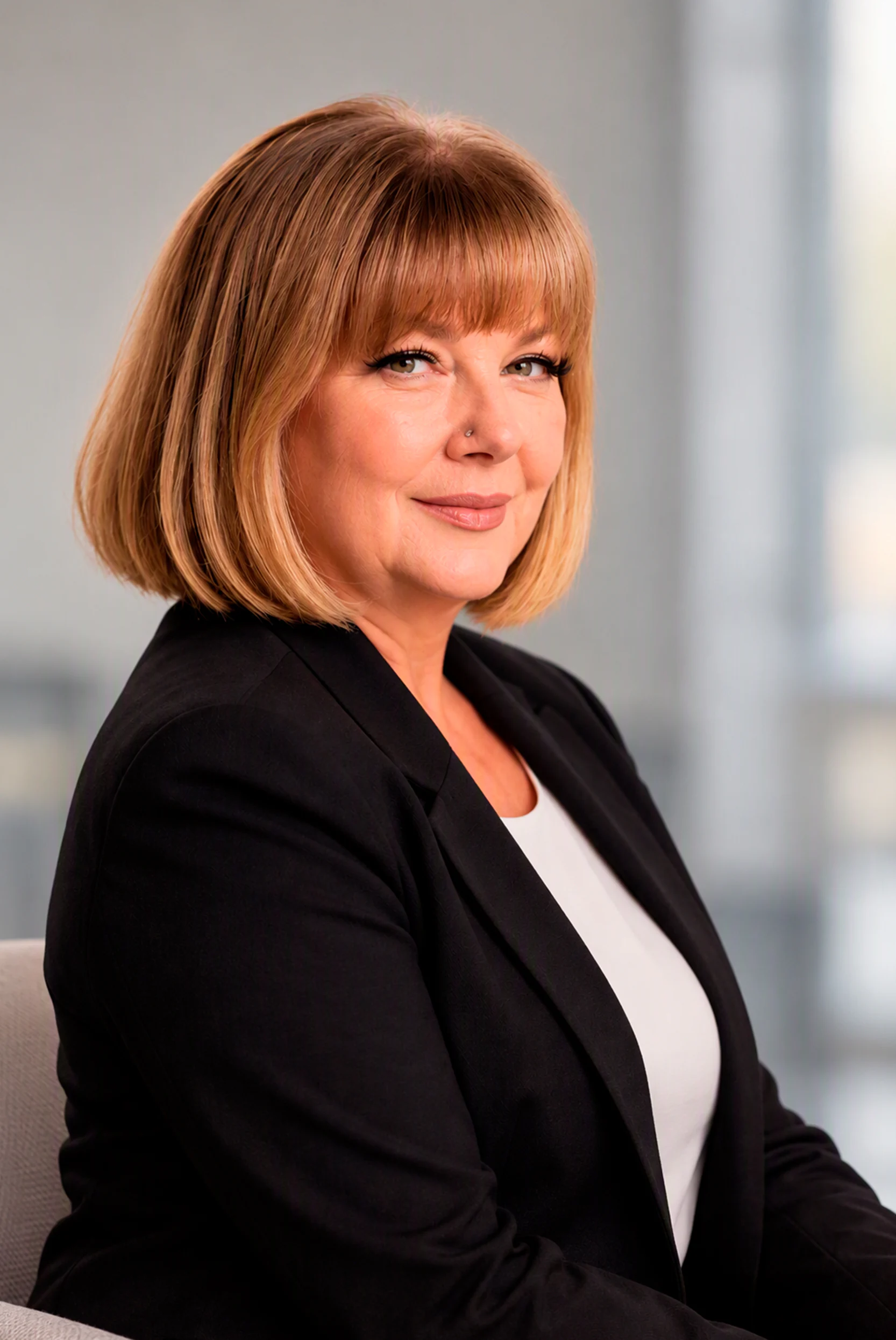 Bev, Booked Images designer, in a black jacket