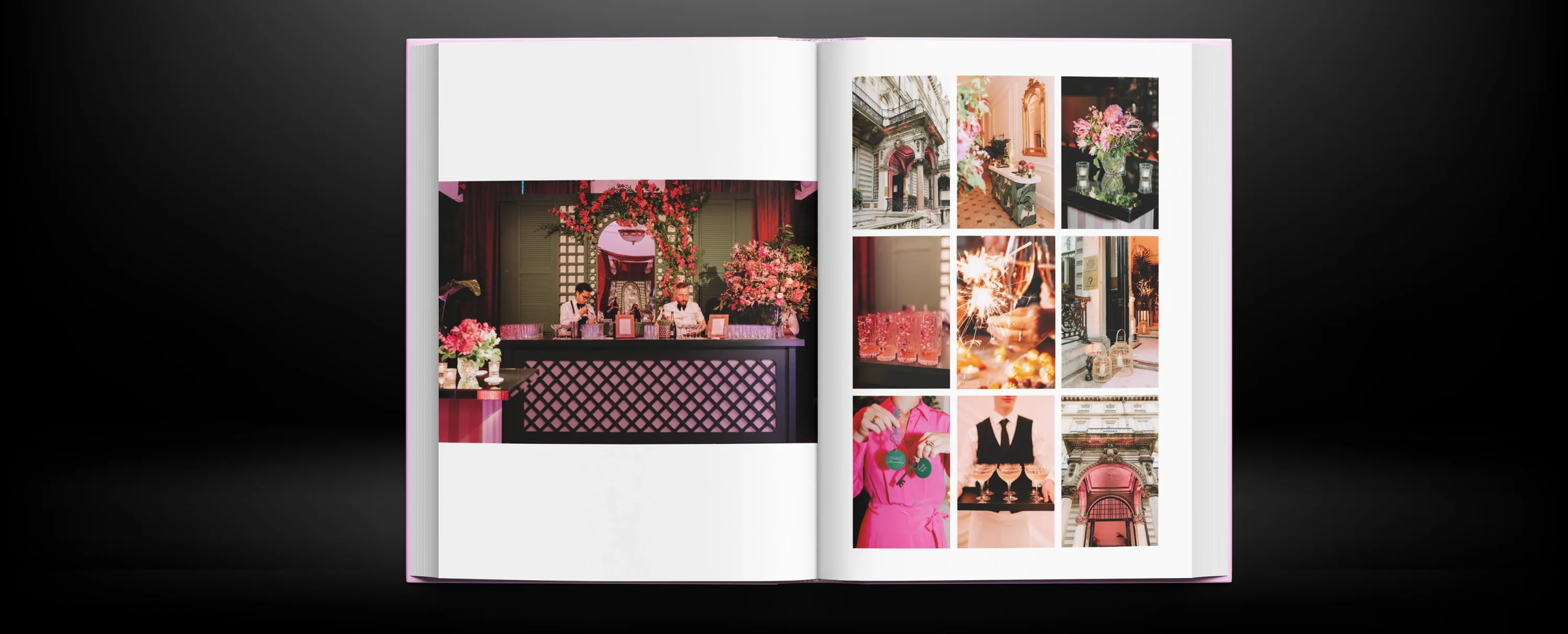Open pink celebration photo book displaying floral arrangements and photographs of a special occasion