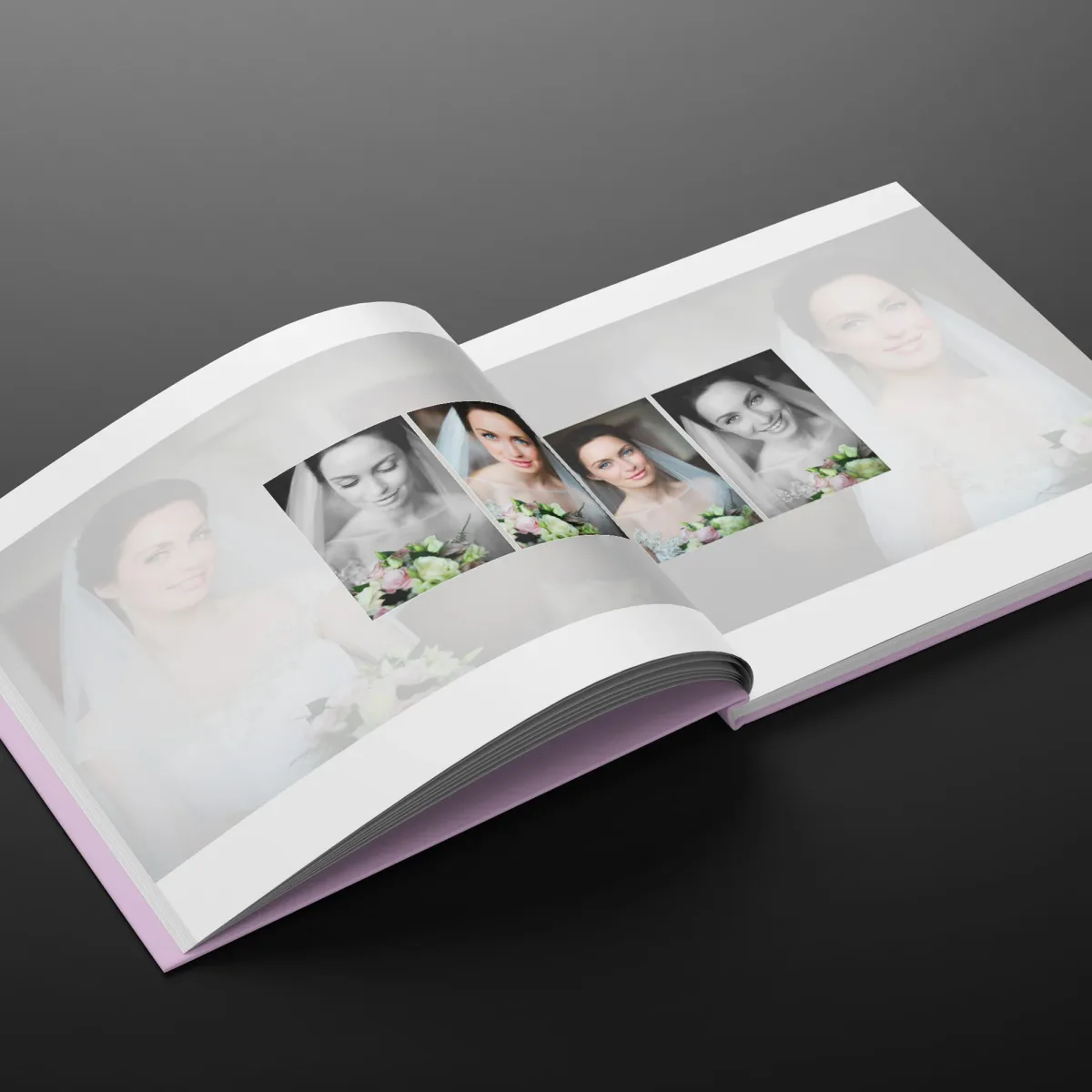 Open wedding photo book showing a sequence of colour and black-and-white bridal portraits